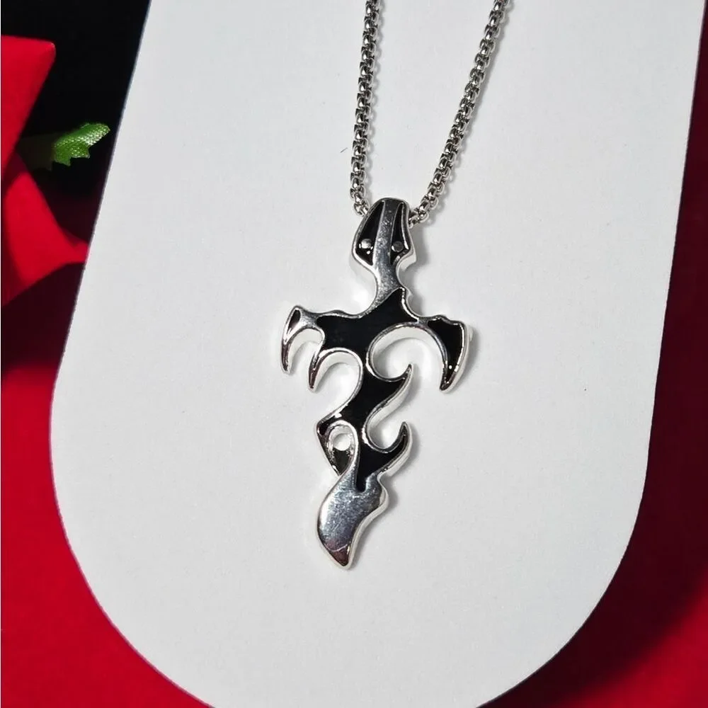 Men’s Fire Flame Cross Pendant Necklace Silver Stainless Steel Black Enamel Punk
